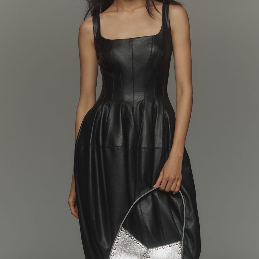 Anthropologie Black Faux Leather Square-Neck Midi Dress